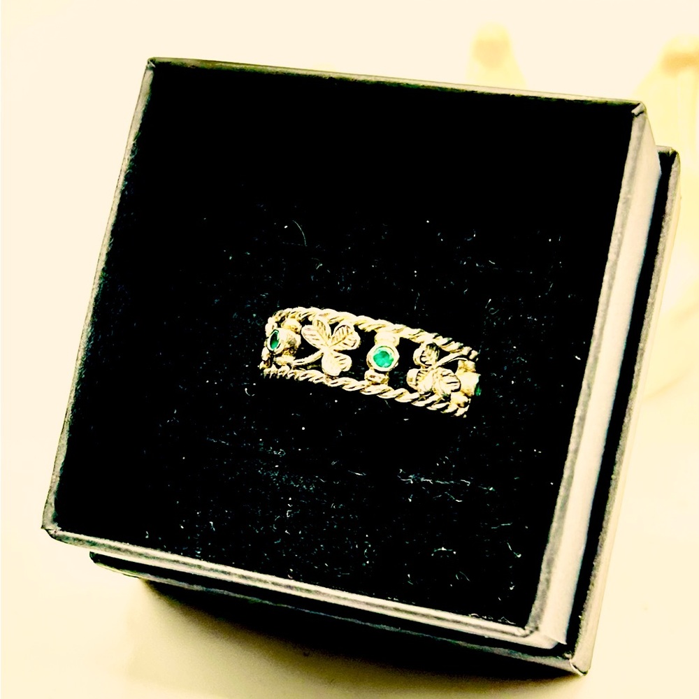 Vintage Green Agate Lucky Irish Shamrock 925 Sterling Silver Ring size 8.5 - Picture 2 of 12